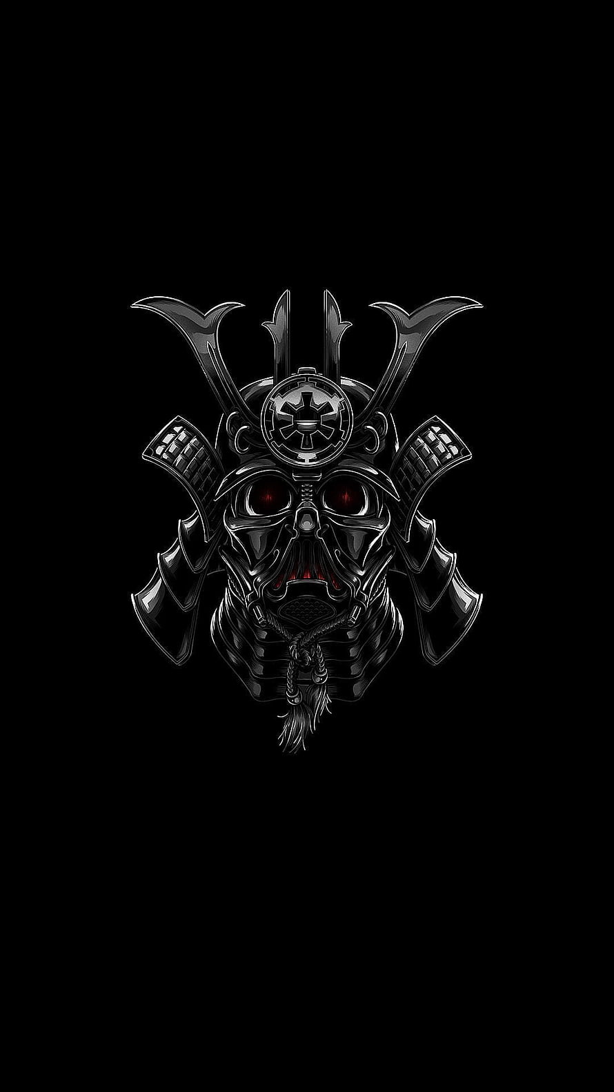 Dark Japanese Samurai Helmet with Glowing Red Eyes on Black Background HD phone wallpaper