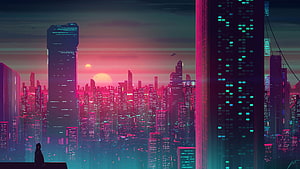 Cyberpunk Cityscape at Dusk with Neon Skyscrapers and Distant Sun HD wallpaper