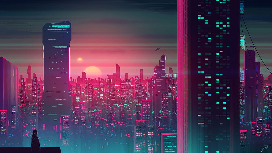 Cyberpunk Cityscape at Dusk with Neon Skyscrapers and Distant Sun HD wallpaper