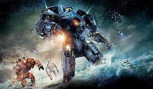 Pacific Rim Uprising Giant Mecha Robots Storming Through Ocean Waves HD wallpaper
