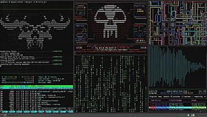 Cyberpunk Hacker Terminal Interface with Matrix Code and Network Diagrams HD wallpaper