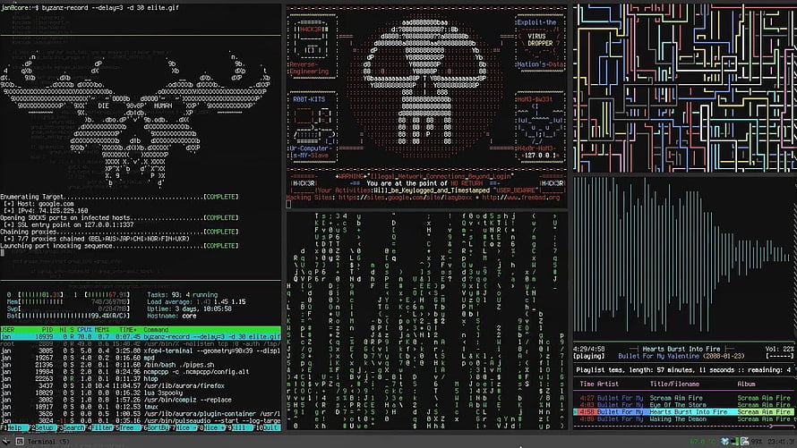Cyberpunk Hacker Terminal Interface with Matrix Code and Network Diagrams HD wallpaper