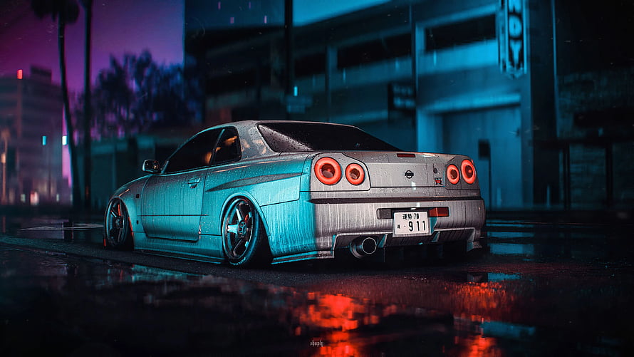 Nissan Skyline GT-R R34 in Neon-Lit Rainy City Street at Night HD wallpaper