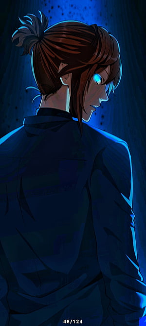 Arthur Leywin from Solo Leveling in a moody blue-lit profile with glowing eyes and a high ponytail HD phone wallpaper