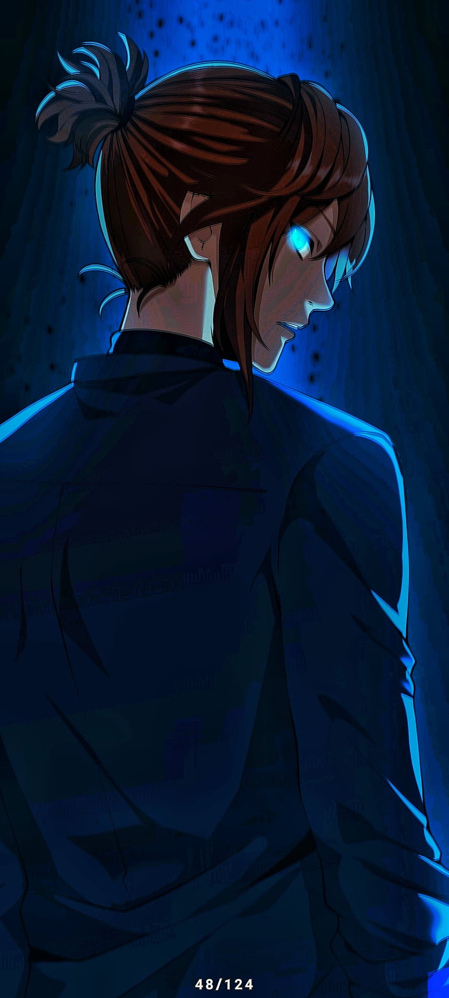 Arthur Leywin from Solo Leveling in a moody blue-lit profile with glowing eyes and a high ponytail HD phone wallpaper