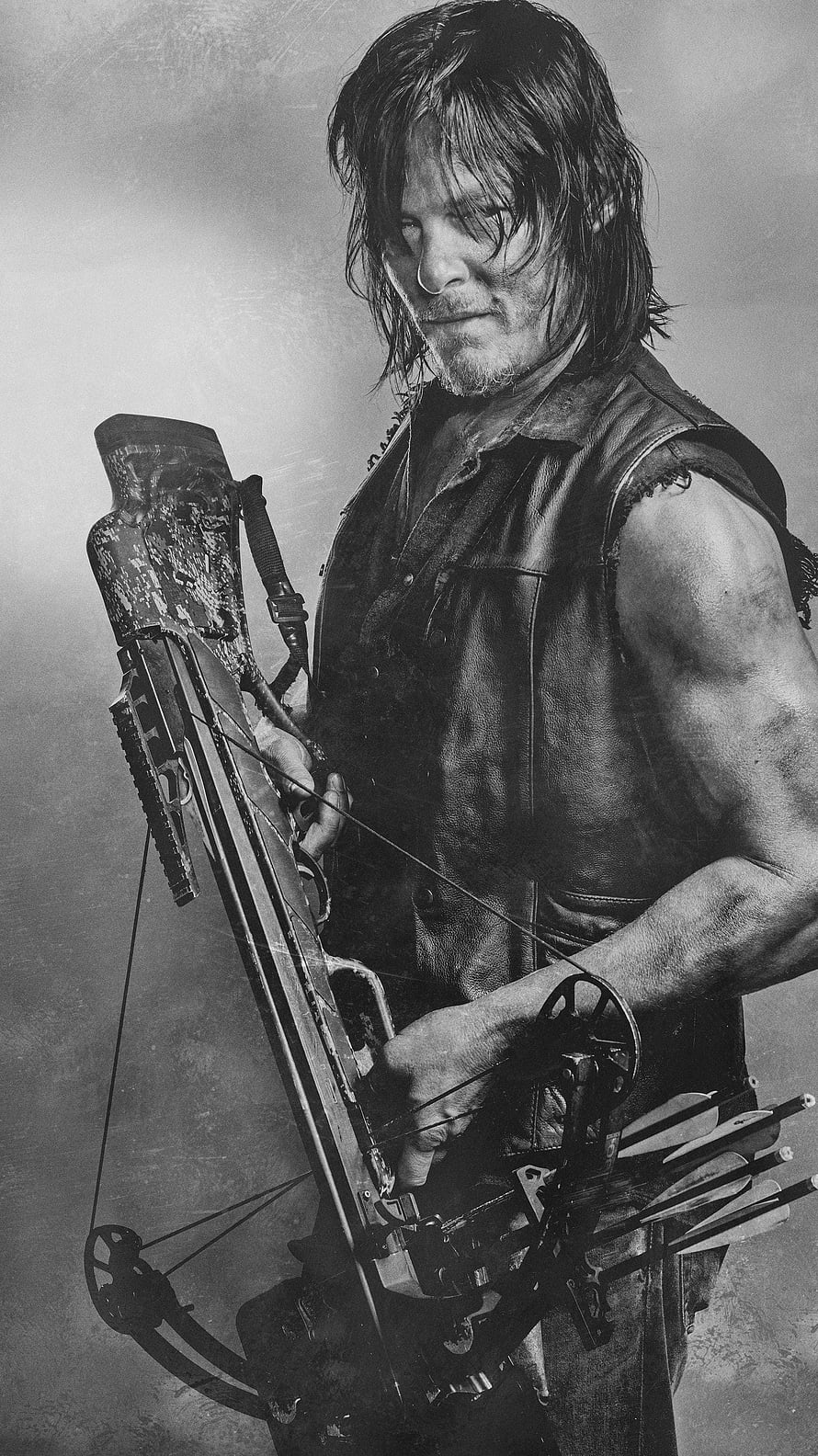 Daryl Dixon from The Walking Dead holding a crossbow in a gritty black and white portrait HD phone wallpaper