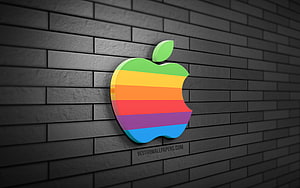 Classic Rainbow Apple Logo in 3D on Dark Gray Brick Wall HD wallpaper
