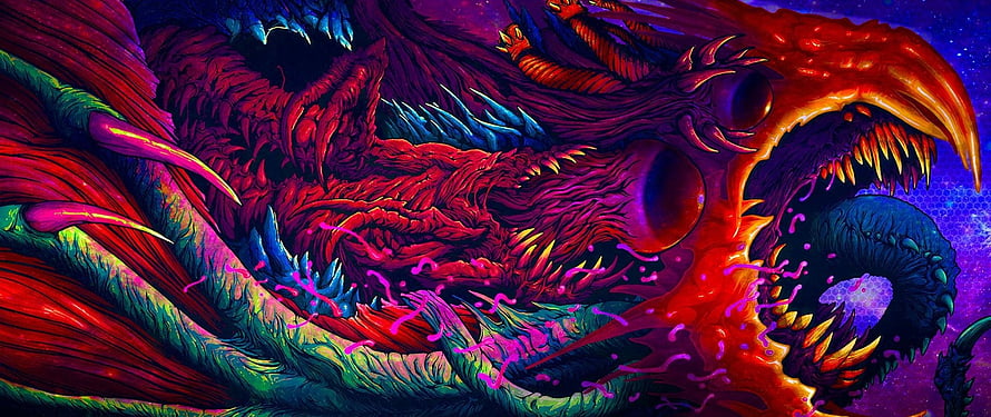 Vibrant Hyper Beast Fantasy Dragon Artwork with Neon Colors and Cosmic Background HD wallpaper