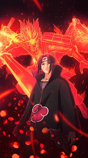 Itachi Uchiha in Akatsuki Cloak with Glowing Susanoo Behind Him in Fiery Red Anime Art HD phone wallpaper
