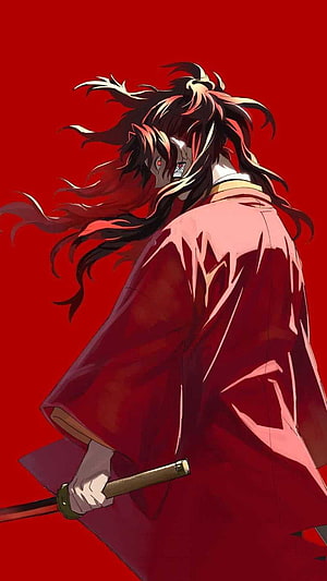 Yoriichi Tsugikuni Demon Slayer Anime Character in Red Kimono Holding Katana HD phone wallpaper