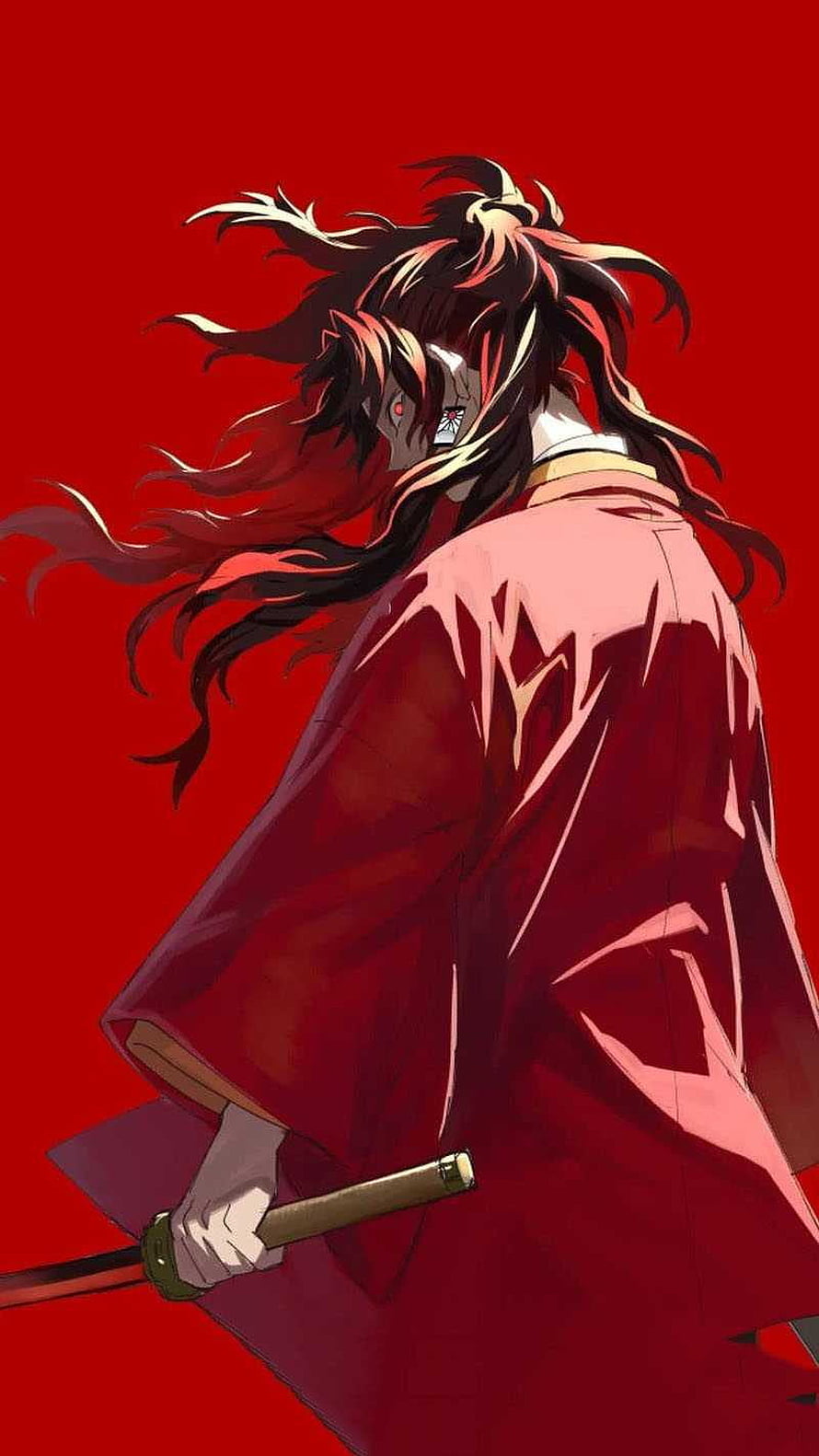 Yoriichi Tsugikuni Demon Slayer Anime Character in Red Kimono Holding Katana HD phone wallpaper