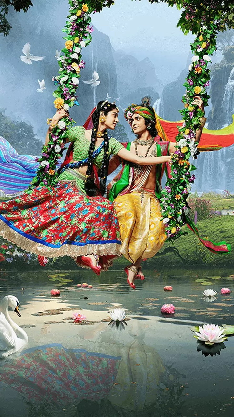 Radha Krishna on a Floral Swing Above a Lotus Pond with Waterfalls and Swans HD phone wallpaper