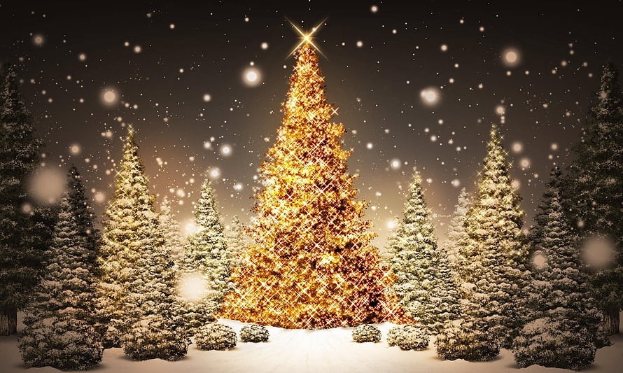 Glowing Christmas Tree in Snowy Forest at Night with Falling Snowflakes and Star Topper HD wallpaper