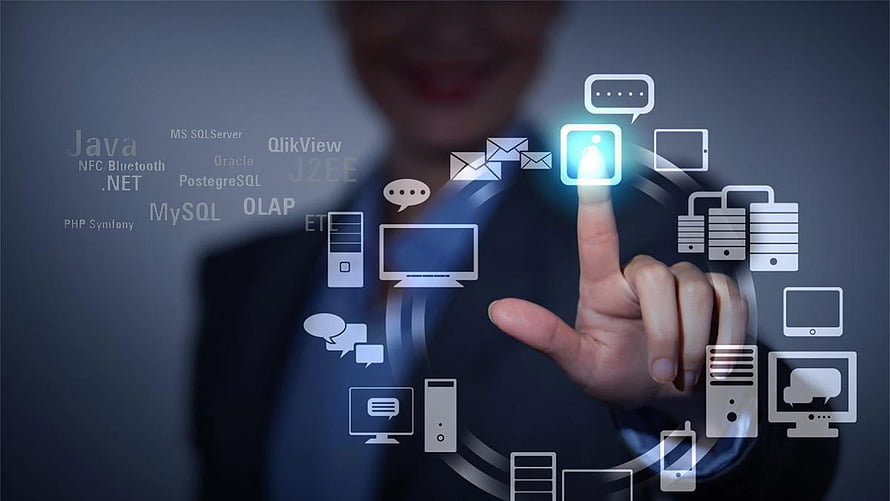 Business Professional Interacting with Digital Technology and Software Development Icons HD wallpaper