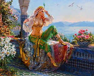 Orientalist Oil Painting of a Woman in Exotic Attire Seated by the Sea, Odalisque, harem, art, exotic, beautiful, girl, woman, digital, painting, fantasy HD wallpaper