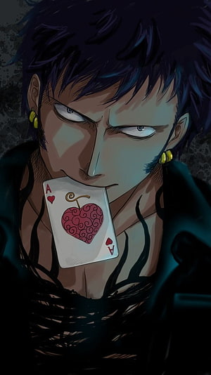 Trafalgar Law from One Piece holding an Ace of Hearts card in a dark moody anime portrait HD phone wallpaper