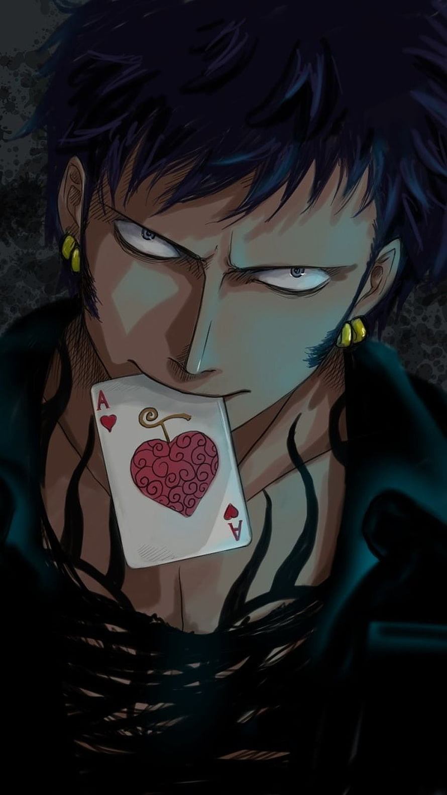 Trafalgar Law from One Piece holding an Ace of Hearts card in a dark moody anime portrait HD phone wallpaper