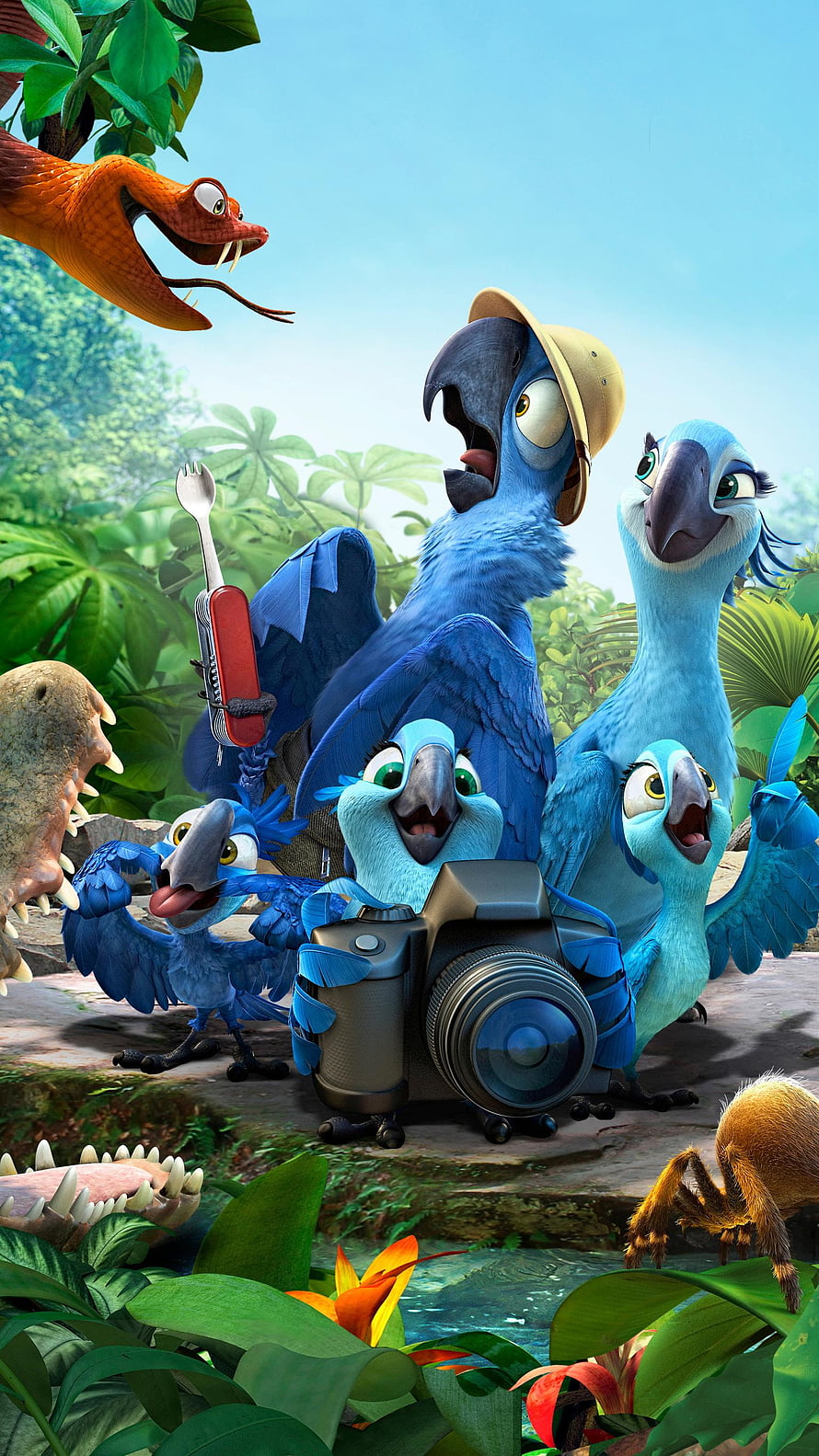 Rio 2 Animated Movie Poster Featuring Blue Macaws and Jungle Creatures HD phone wallpaper