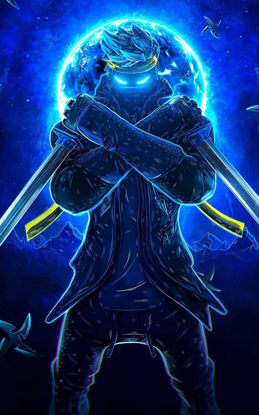 Glowing Blue Anime Ninja Warrior Holding Dual Swords Under a Cosmic Moon HD phone wallpaper