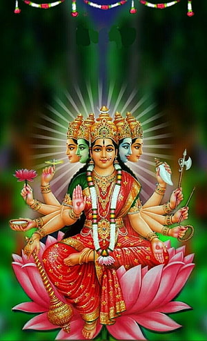 Gayatri Devi Seated on Lotus with Multiple Arms and Faces in Traditional Indian Art HD phone wallpaper