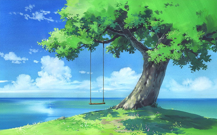 Serene Anime Landscape Featuring a Lush Tree and Swing by the Ocean HD wallpaper