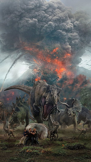 Jurassic World Fallen Kingdom Volcanic Eruption with T-Rex and Triceratops HD phone wallpaper