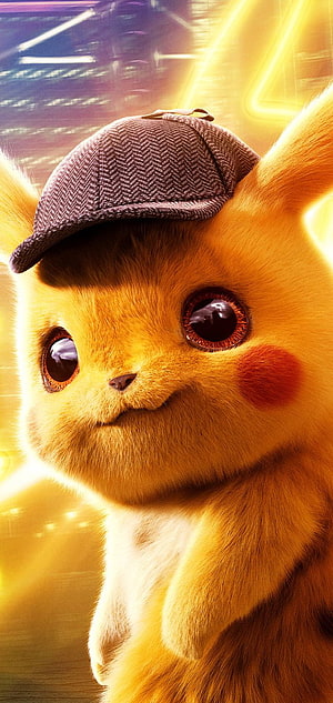 Detective Pikachu Close-Up Portrait in Herringbone Cap with Golden Cinematic Lighting HD phone wallpaper