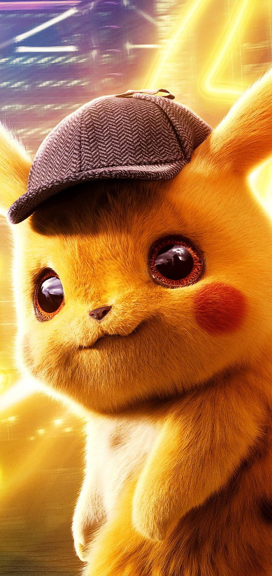 Detective Pikachu Close-Up Portrait in Herringbone Cap with Golden Cinematic Lighting HD phone wallpaper