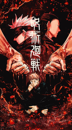 Jujutsu Kaisen Anime Poster Featuring Gojo Satoru and Yuji Itadori in Dramatic Red and Black Art HD phone wallpaper