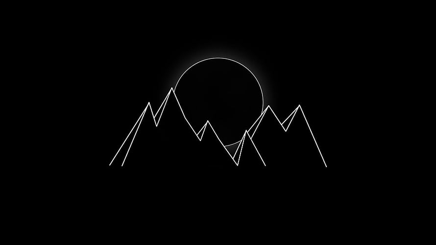 Minimalist White Line Art of Mountain Range and Moon on Black Background HD wallpaper