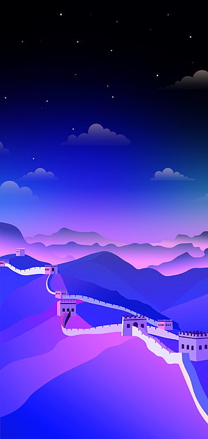 Great Wall of China at Night with Starry Sky and Purple Mountain Landscape HD phone wallpaper