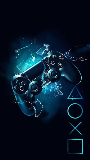 PlayStation DualShock Controller with Electric Blue Shatter Effect and Iconic Button Symbols HD phone wallpaper