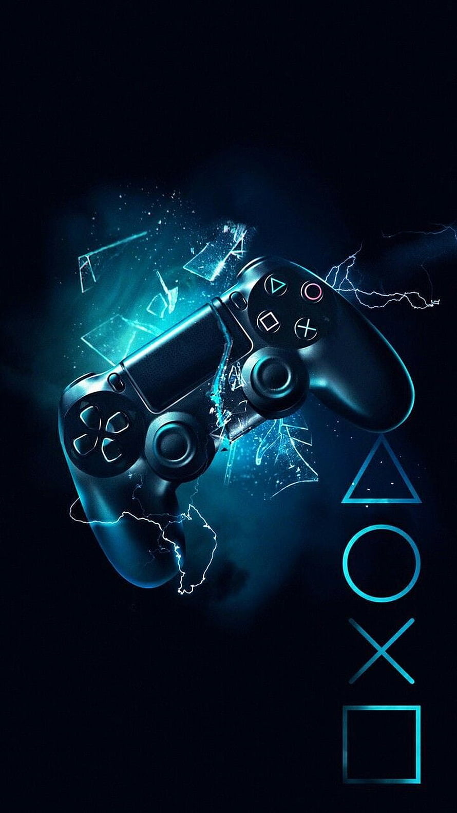 PlayStation DualShock Controller with Electric Blue Shatter Effect and Iconic Button Symbols HD phone wallpaper