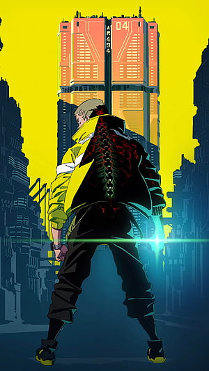 Cyberpunk Edgerunners Anime Character Standing in Futuristic City with Neon Glow HD phone wallpaper