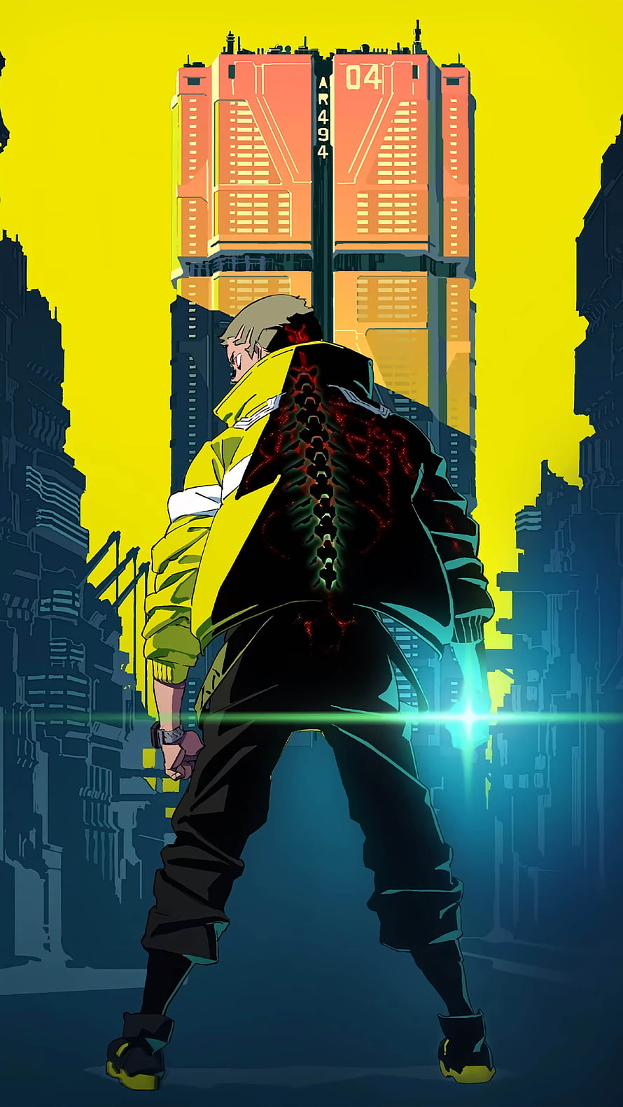 Cyberpunk Edgerunners Anime Character Standing in Futuristic City with Neon Glow HD phone wallpaper