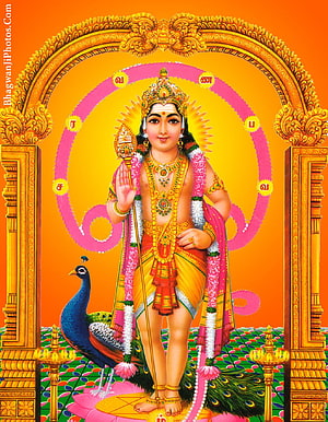Lord Murugan Standing with Peacock and Gada in Golden Temple Arch HD phone wallpaper