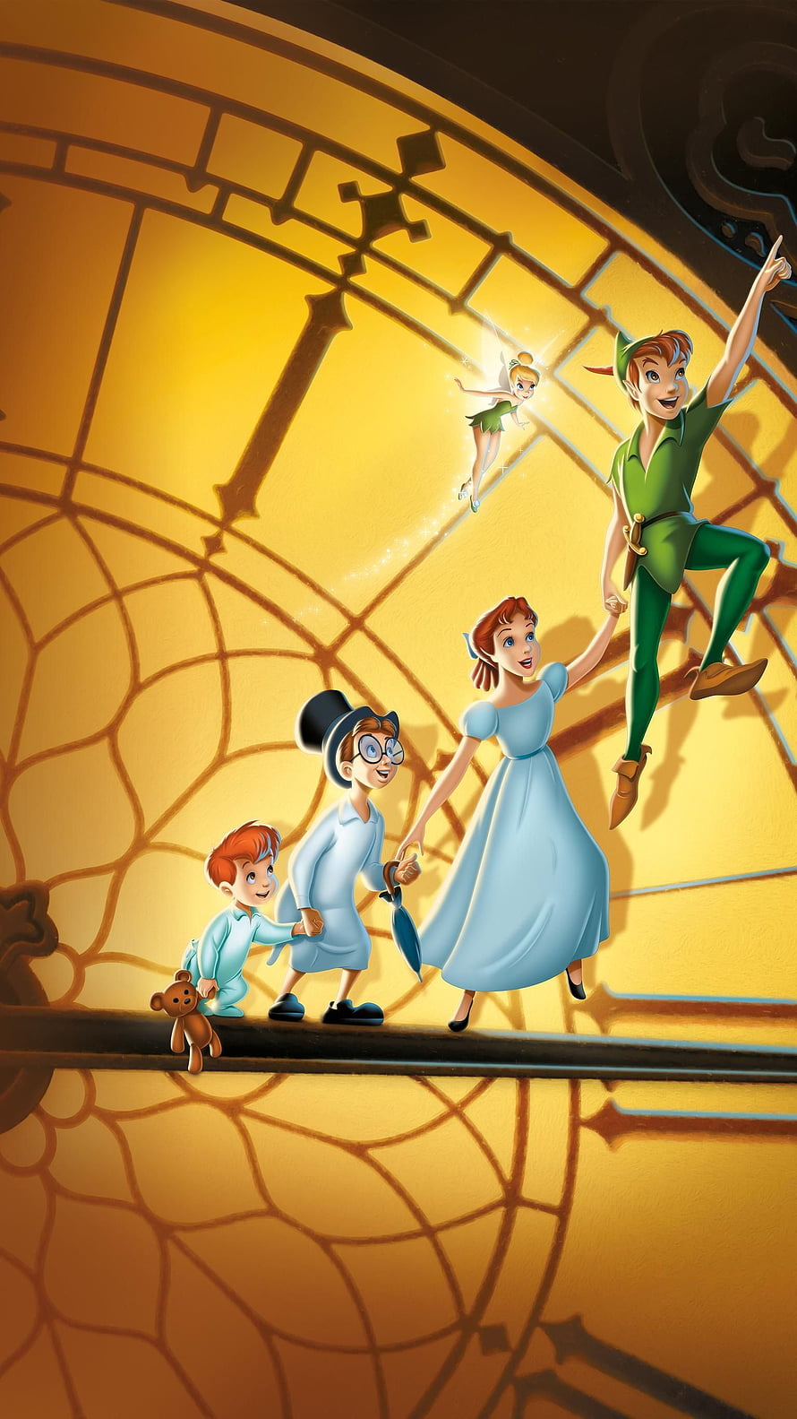Peter Pan, Wendy, Tinker Bell, and Mr. Darling Walking Through a Golden Stained Glass Window HD phone wallpaper