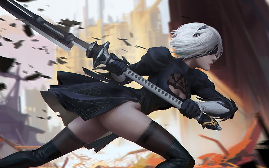 2B from NieR Automata in dynamic combat pose with katana and shattered debris HD wallpaper