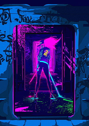 Akali from League of Legends in a Neon Cyberpunk Corridor with Glowing Blades HD phone wallpaper
