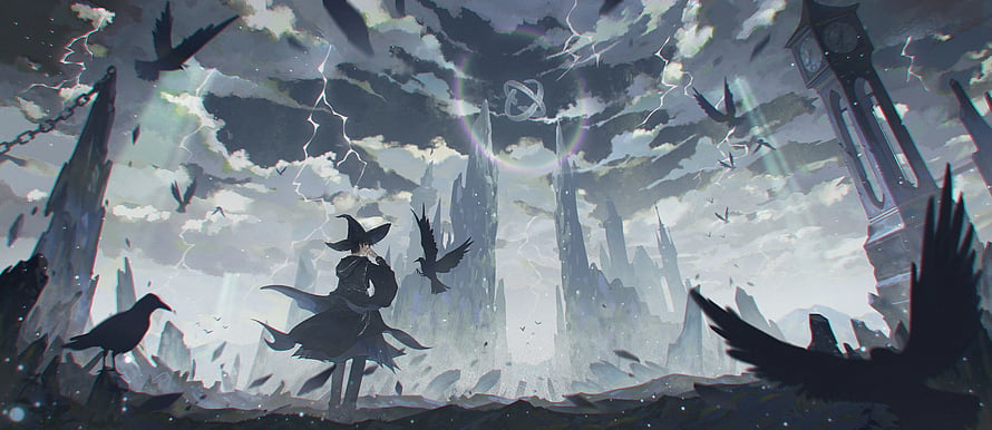 Amon from Lord of the Mysteries in a Dark Fantasy Landscape with Crows and Lightning HD wallpaper