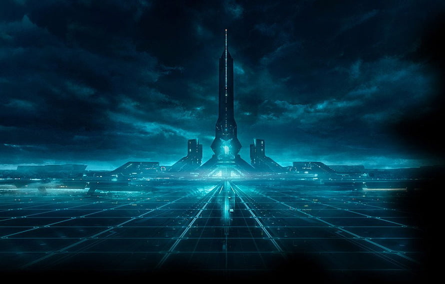 Tron Legacy Cityscape Concept Art with Glowing Grid and Tower Under Stormy Sky HD wallpaper