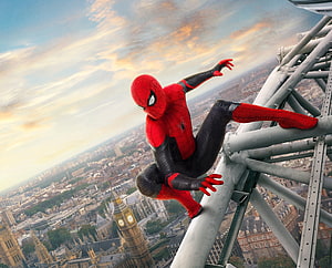 Spider-Man Perched on Tower Structure Overlooking London Skyline at Sunset HD wallpaper