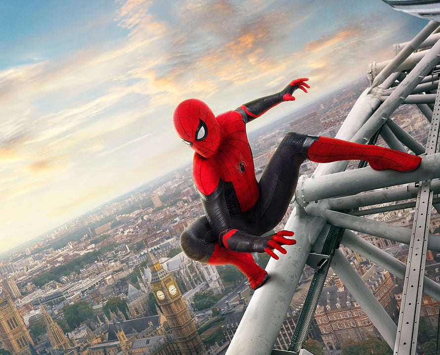 Spider-Man Perched on Tower Structure Overlooking London Skyline at Sunset HD wallpaper