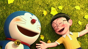 Doraemon and Nobita Lying on Grass with Ginkgo Leaves in 3D Animation HD wallpaper