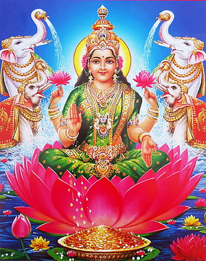 Goddess Lakshmi Seated on Lotus with Four Elephants Pouring Water and Gold Coins HD phone wallpaper