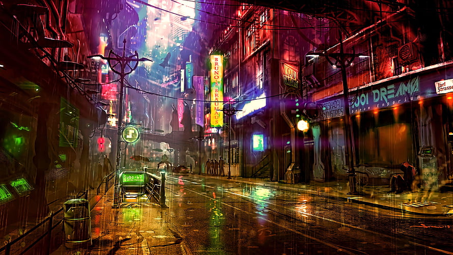 Neon-Lit Cyberpunk City Street in the Rain with Glowing Signs and Wet Reflections HD wallpaper