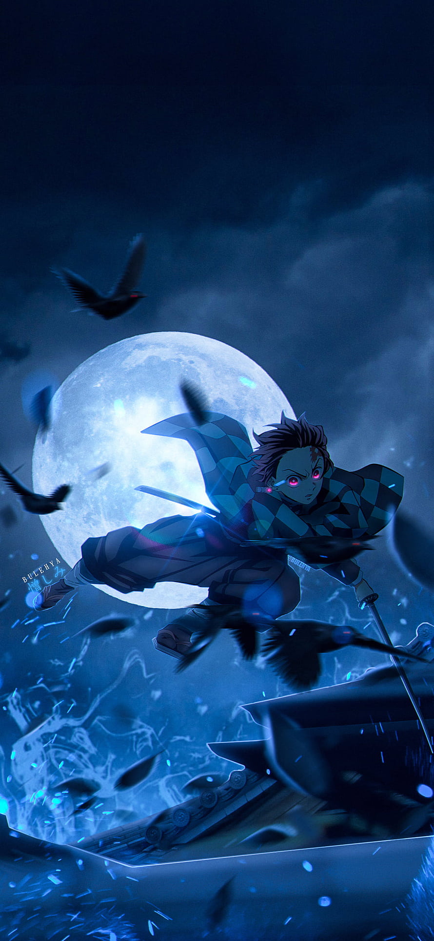Demon Slayer Tanjiro Kamado Leaping Under a Full Moon with Crows HD phone wallpaper