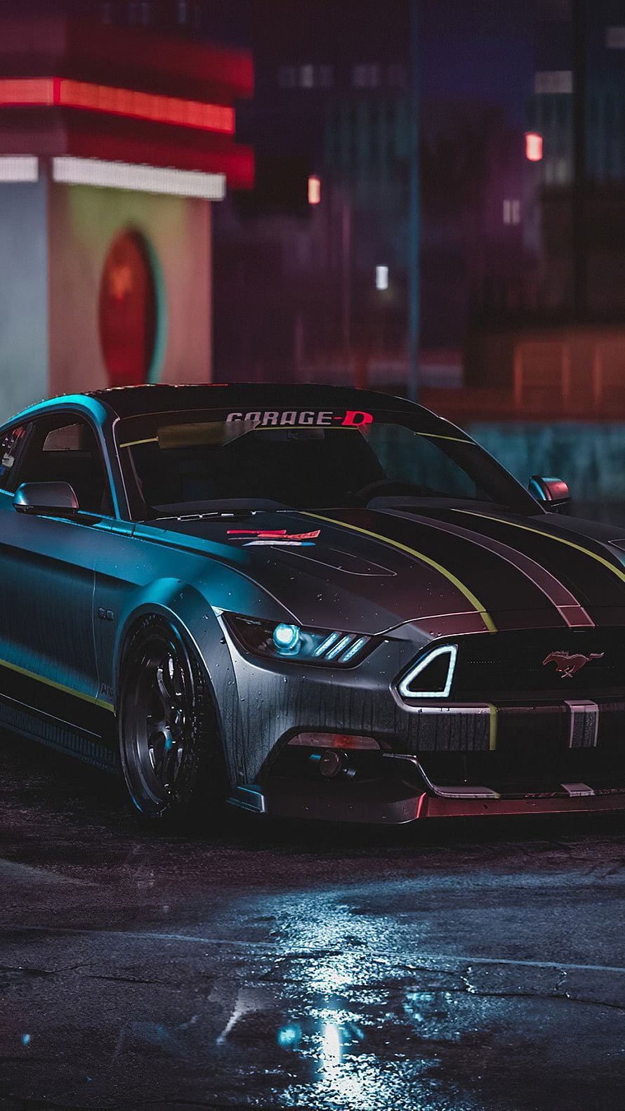 Ford Mustang GT with Neon Lighting on Wet City Street at Night HD phone wallpaper