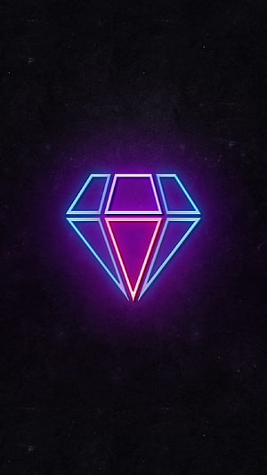 Neon Diamond Icon with Cyan and Magenta Glow on Dark Textured Background HD phone wallpaper