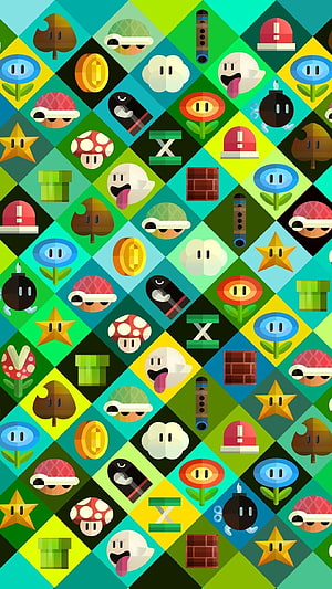 Super Mario Bros 3 Icon Pattern Wallpaper with Mushrooms, Stars, and Power-Ups HD phone wallpaper